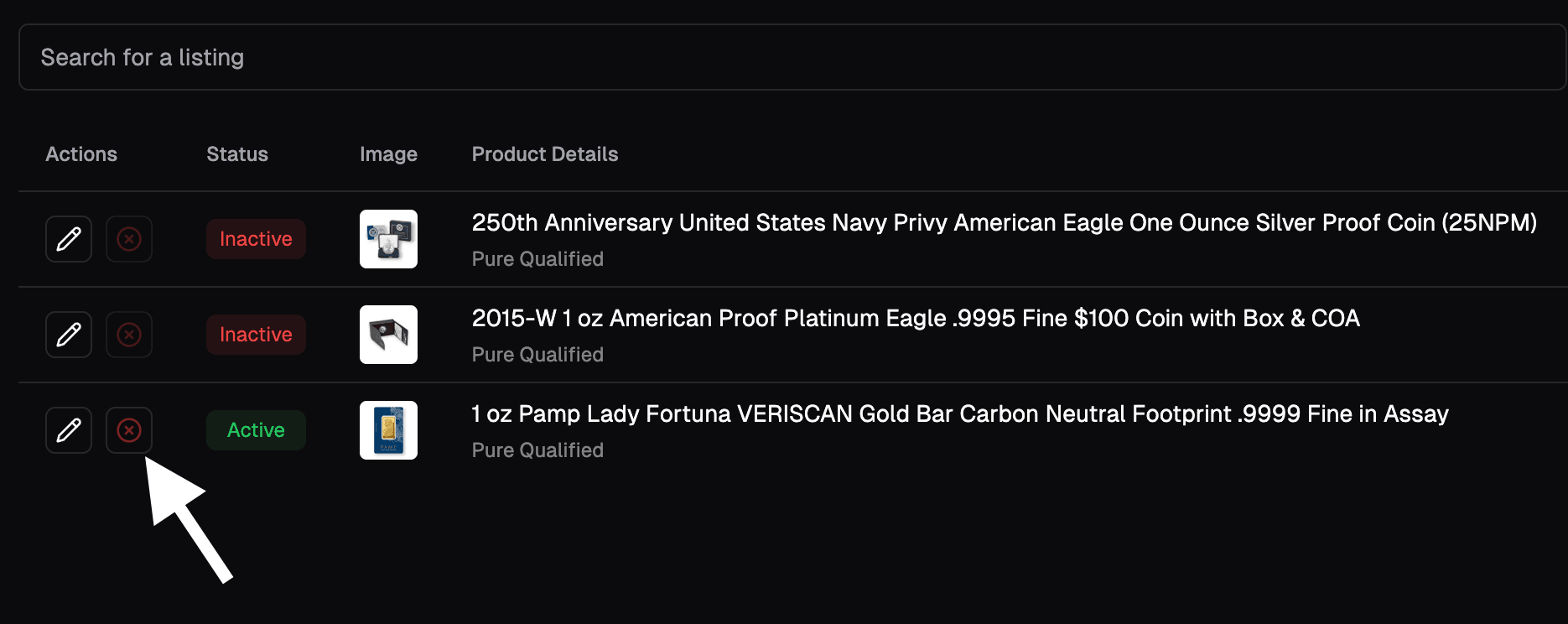 deactivate listing button
